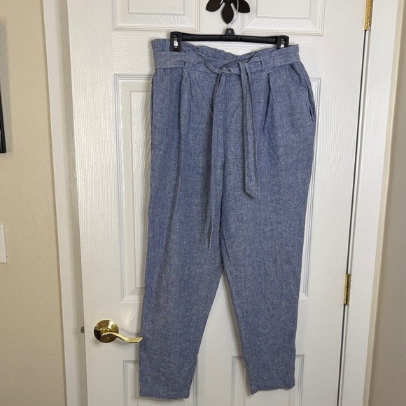 Max Studio Blue Linen Ankle Pants Stretch Waist Pockets Belt Size Large - Picture 1 of 11